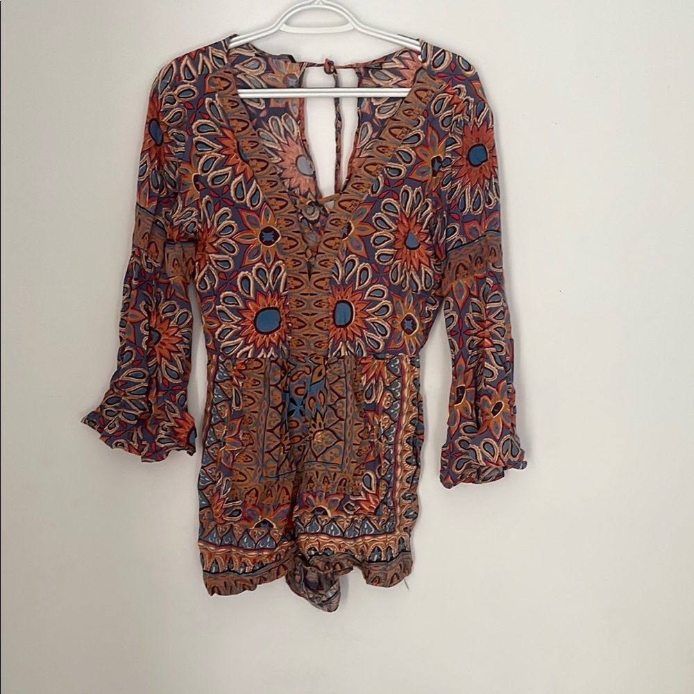 Angie Orange and Blue Bell Sleeve Blouse with Tie Front